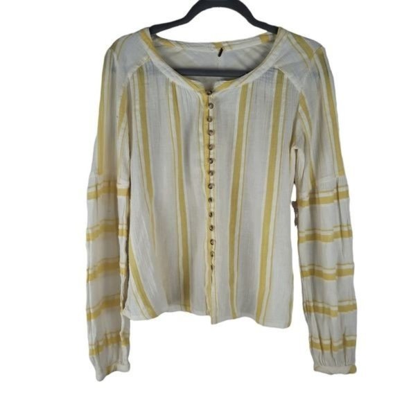 Free People Tops - Free People Yellow Striped Button Up Peasant